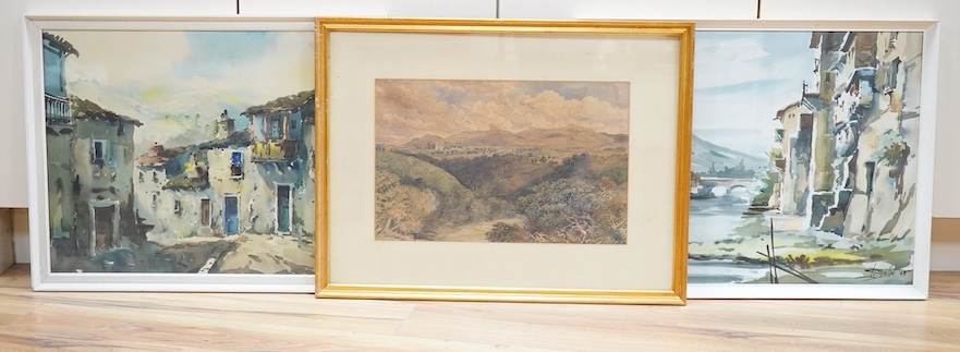 Javier Varela Guillot (20th. C), two watercolours, Northern Spanish town scenes, signed, 49 x 65cm. Condition - fair to good together with David Cox Jr. (1809-1885), watercolour, River landscape, signed and dated 1877, 3